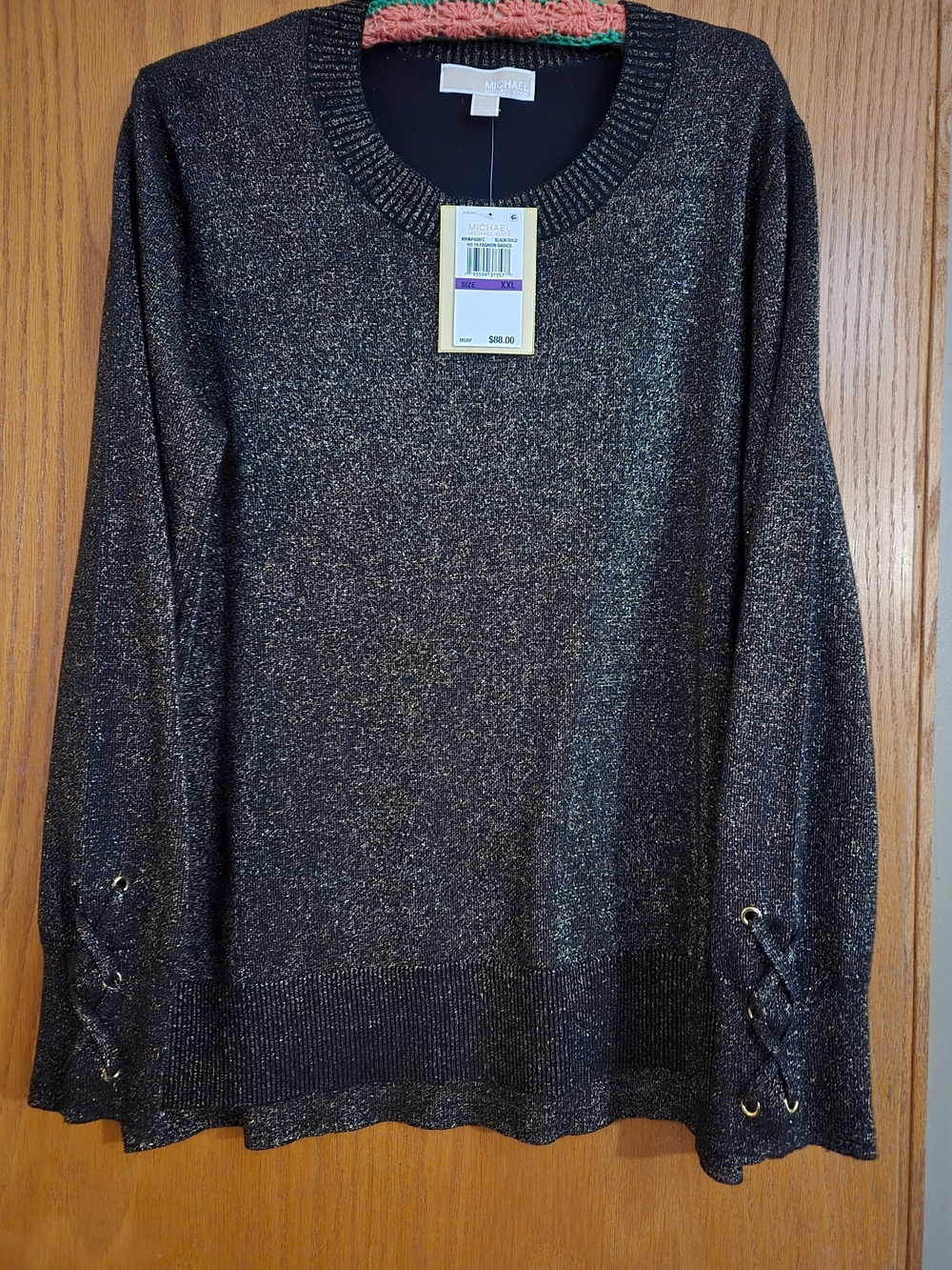 Michael Kors Metallic Black Knit Sweater with Lace-Up Sleeves